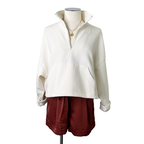 New WEWOREWHAT Women’s Oversized Cropped Cotton Blend 1/4 Zip Sweatshirt Cream S - Picture 13 of 13